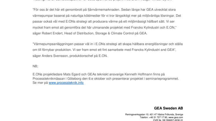 GEA och Francks Kylindustri får leverera värmepumpsanläggning till E:ON
