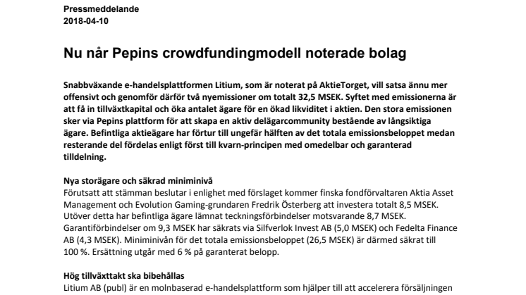 Nu når Pepins crowdfundingmodell noterade bolag