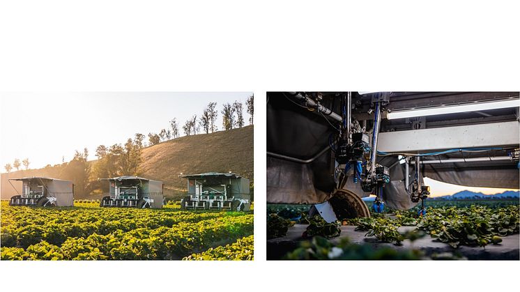 左より、イチゴ収穫ロボット（外観）、　イチゴ収穫ロボット（内部）画像センサーとAIで熟度を判別し、自動で収穫