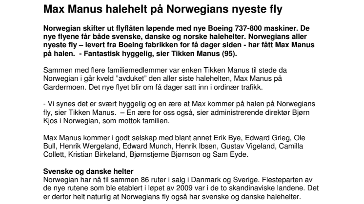 Nye norske, svenske og danske halehelter: Max Manus halehelt på Norwegians nyeste fly