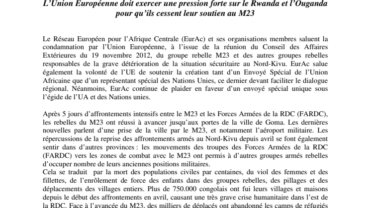42 europeiska organisationer kräver att EU agerar för att Uganda och Rwanda stoppar stödet till M23
