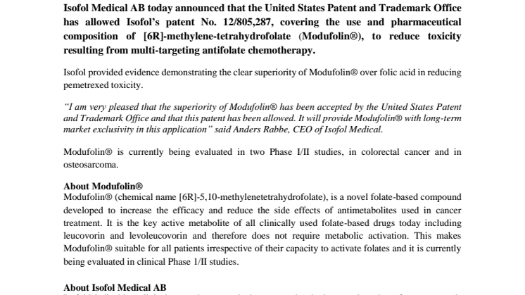 Patent covering the use and pharmaceutical composition of Isofol’s lead Drug candidate, Modufolin®, allowed by United States Patent and Trademark Office