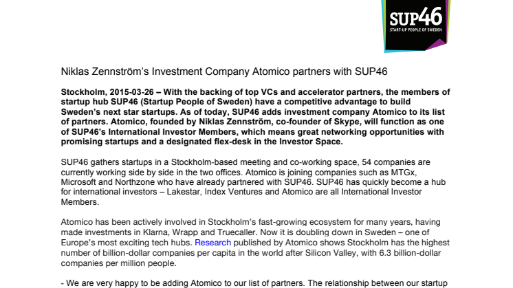 Niklas Zennström’s Investment Company Atomico partners with SUP46