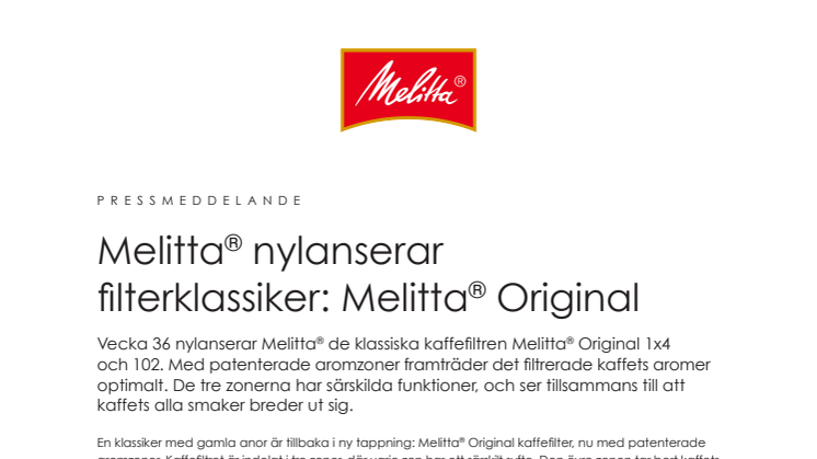 Melitta® nylanserar filterklassiker: Melitta® Original