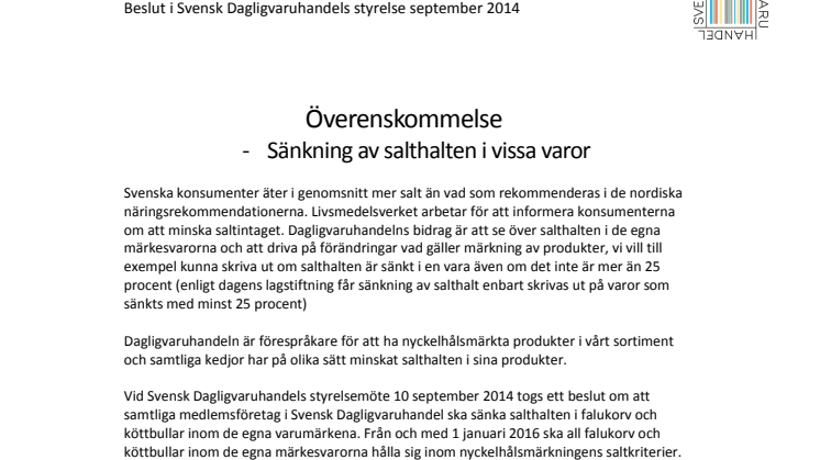 Svensk Dagligvaruhandels branschöverenskommelse sänkt salthalt 
