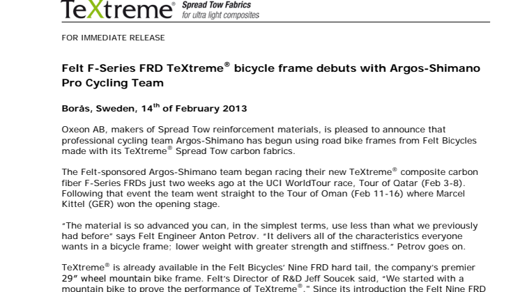 Felt F-Series FRD TeXtreme® bicycle frame debuts with Argos-Shimano Pro Cycling Team