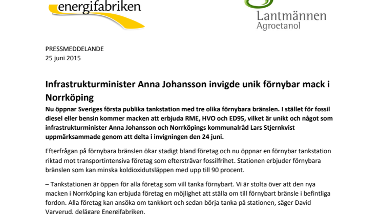 Infrastrukturminister Anna Johansson invigde unik förnybar mack i Norrköping