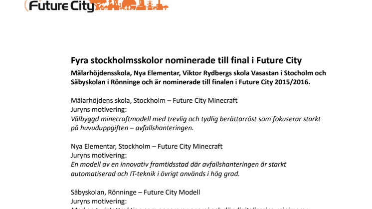 Fyra stockholmsskolor nominerade till final i Future City