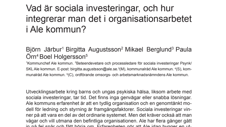 Vad är sociala investeringar, och hur integrerar man det i organisationsarbetet i Ale kommun?