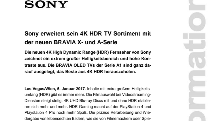Sony erweitert sein 4K HDR TV Sortiment mit der neuen BRAVIA X- und A-Serie