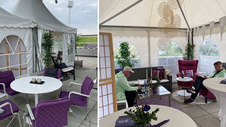 VIP-tältet vid Klostergården har ställts i ordning med hjälp av Erikshjälpen. Cirkulär ekonomi i ett trivsamt format.