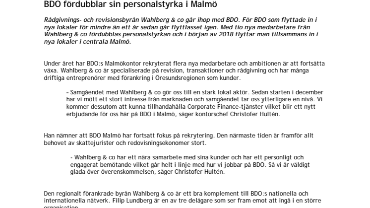 BDO fördubblar sin personalstyrka i Malmö