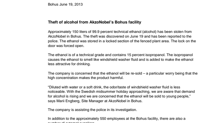 Theft of alcohol from AkzoNobel’s Bohus facility