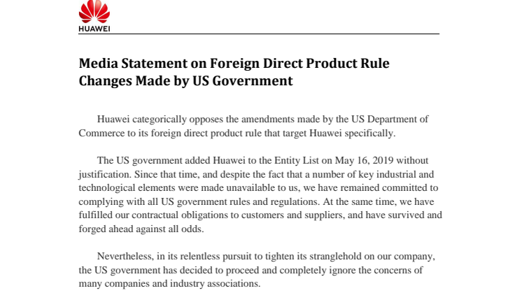 Media Statement on Foreign Direct Product Rule Changes Made by US Government