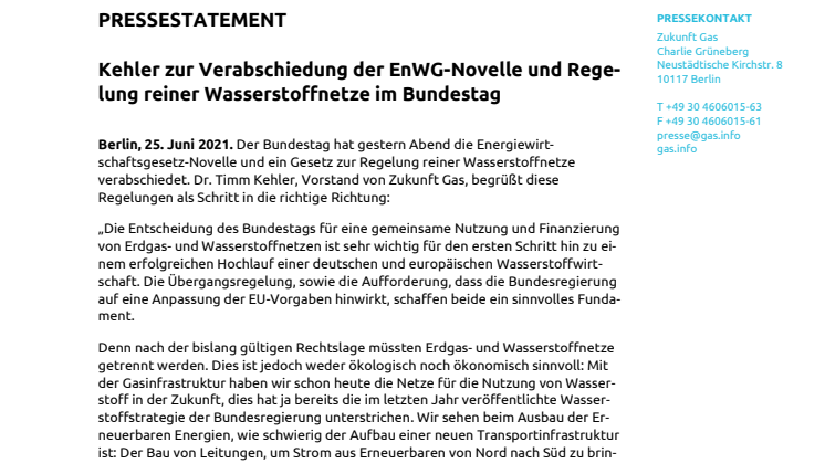 Kehler zur Verabschiedung der EnWG-Novelle und Regelung reiner Wasserstoffnetze im Bundestag