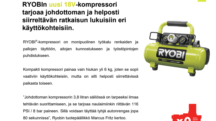 Ryobin® uusi 18V kompressori
