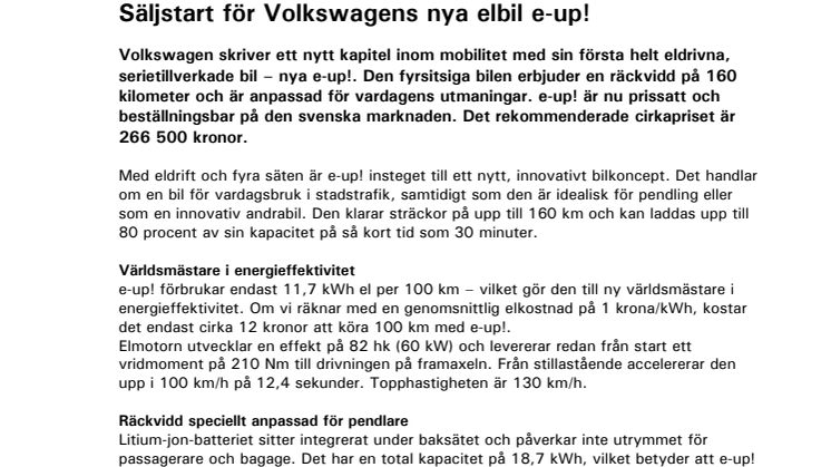 Säljstart för Volkswagens nya elbil e-up!