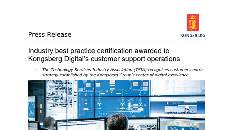Kongsberg Digital: Industry best practice certification awarded to Kongsberg Digital’s customer support operations
