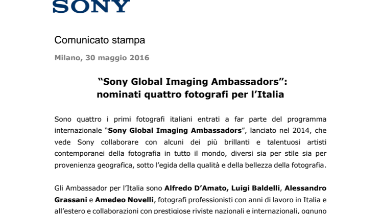 “Sony Global Imaging Ambassadors”:  nominati quattro fotografi per l’Italia 
