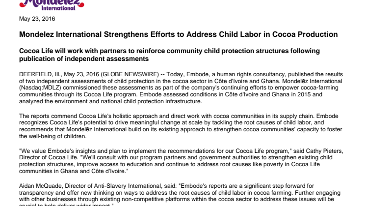 Mondelez International Strengthens Efforts to Address Child Labor in Cocoa Production