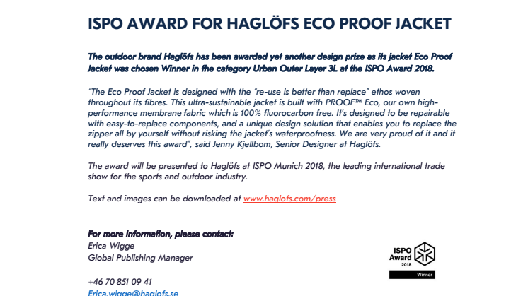 ISPO AWARD FOR HAGLÖFS ECO PROOF JACKET