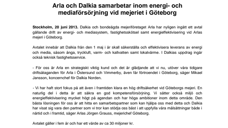 Arla och Dalkia samarbetar inom energi- och mediaförsörjning 