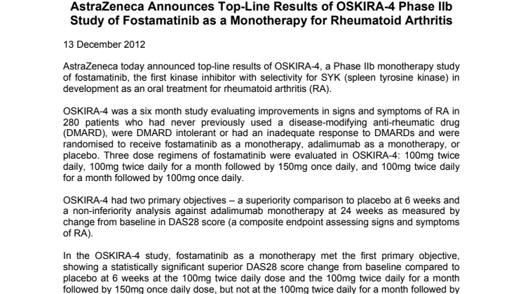 AstraZeneca meddelar idag topline-resultat i OSKIRA-4 fas 2b studien av Fostamatinib som monoterapi vid ledgångsreumatism