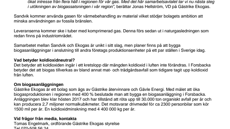 Avtal om försäljning av biogasöverskott till Sandvik 