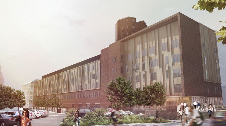 Syntolkning: arkitektbild exteriör S:t Görans sjukhus