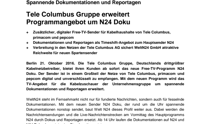 Tele Columbus Gruppe erweitert Programmangebot um N24 Doku 