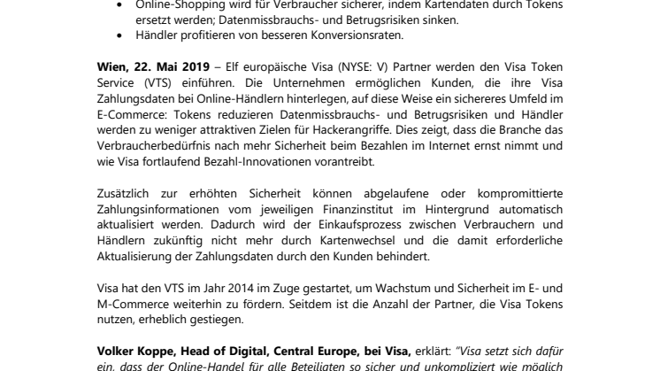 Elf neue Partner führen Visa Token Service in Europa ein:  E-Commerce-Zahlungen werden noch sicherer
