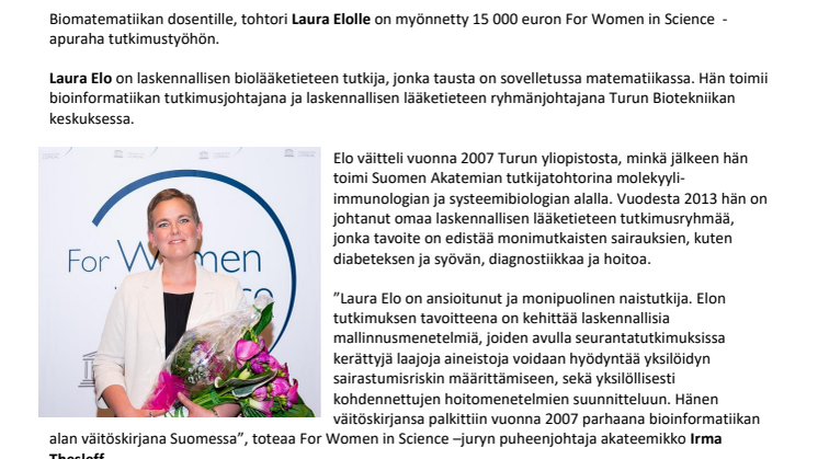 Laura Elo, L'Orèal Finland Oy ja UNESCO Suomen toimikunnan For Women in Science -apuraha