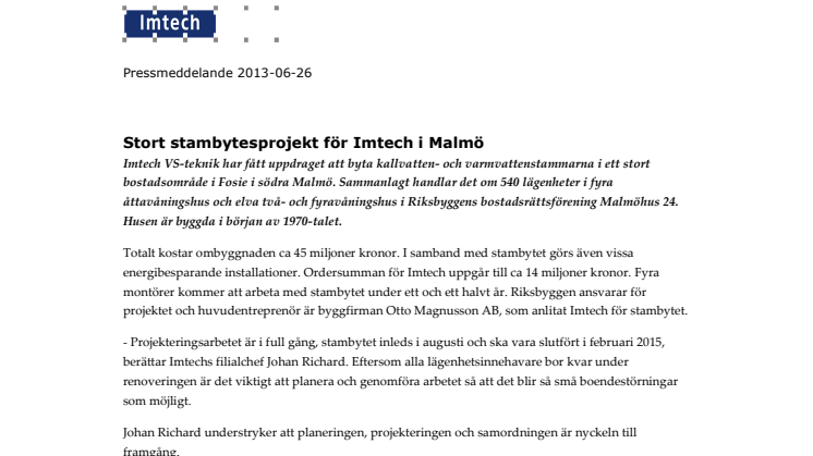 Stort stambytesprojekt för Imtech i Malmö