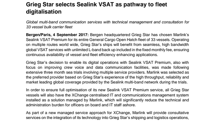 Marlink: Grieg Star selects Sealink VSAT as pathway to fleet digitalisation 