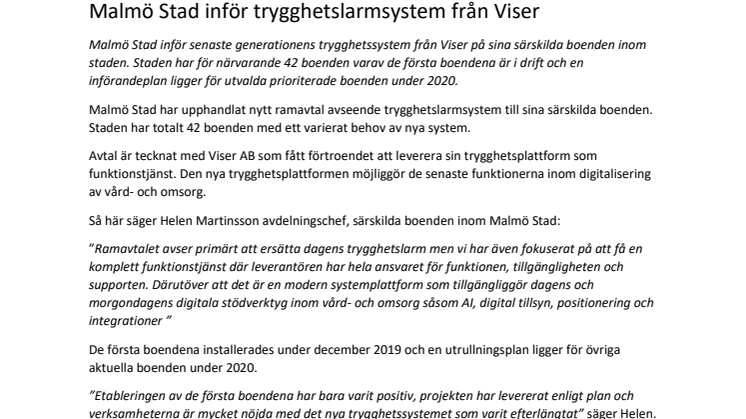 Malmö Stad inför trygghetslarmsystem från Viser