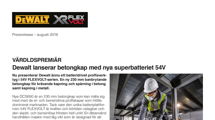 VÄRDLDSPREMIÄR - Dewalt lanserar betongkap med nya superbatteriet 54V 
