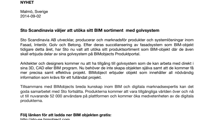 Sto Scandinavia väljer att utöka sitt BIM sortiment  med golvsystem