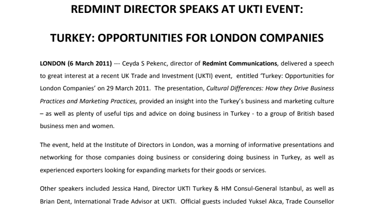 REDMINT DIRECTOR SPEAKS AT UKTI EVENT - TURKEY: OPPORTUNITIES FOR LONDON COMPANIES