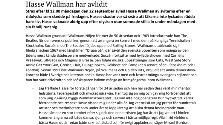 Hasse Wallman har avlidit