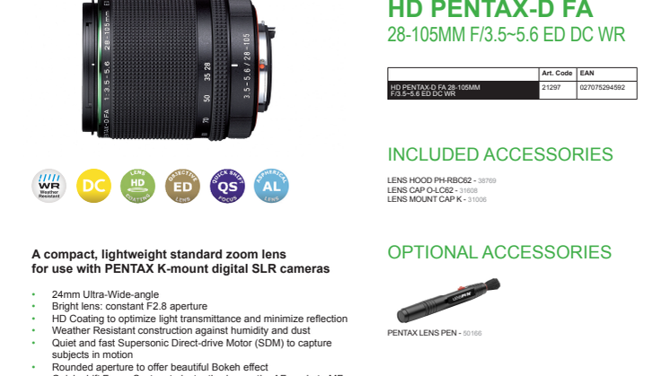 Pentax HD D-FA 28-105mm F/3,5-5,6, datablad ENG
