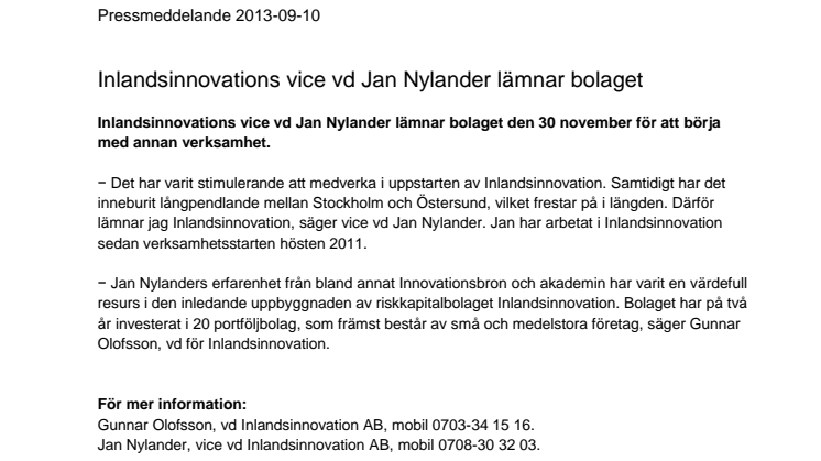 Inlandsinnovations vice vd Jan Nylander lämnar bolaget    