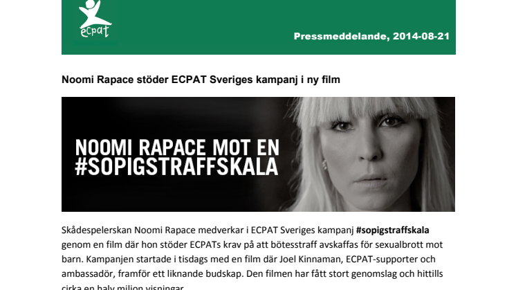 Noomi Rapace stöder ECPAT Sveriges kampanj i ny film