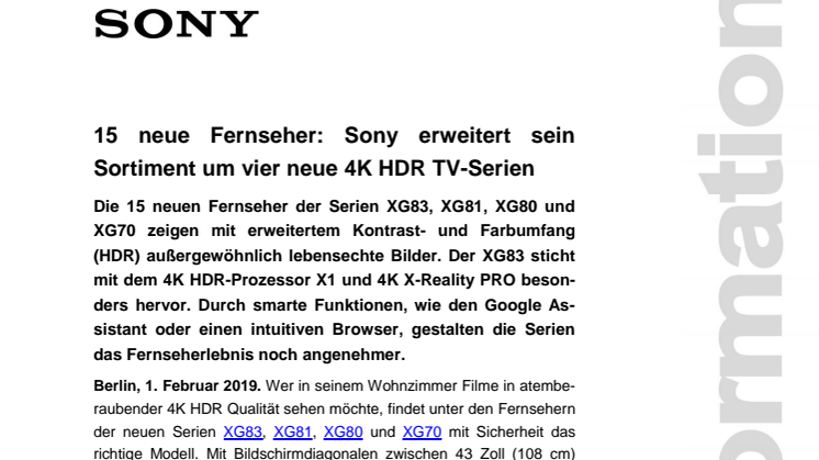15 neue Fernseher: Sony erweitert sein Sortiment um vier neue 4K HDR TV-Serien