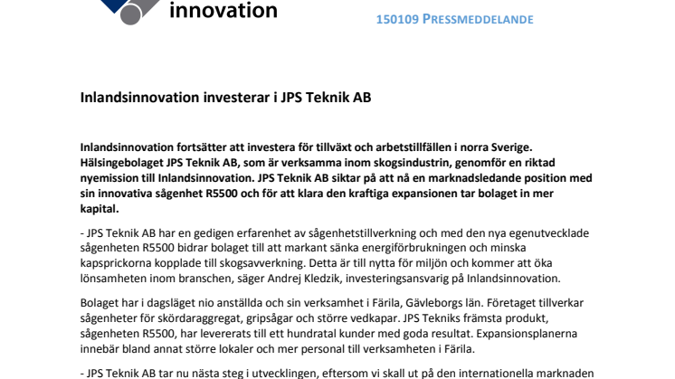 Inlandsinnovation investerar i JPS Teknik AB
