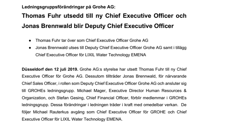 Ledningsgruppsförändringar på Grohe AG: Thomas Fuhr utsedd till ny Chief Executive Officer och Jonas Brennwald blir Deputy Chief Executive Officer