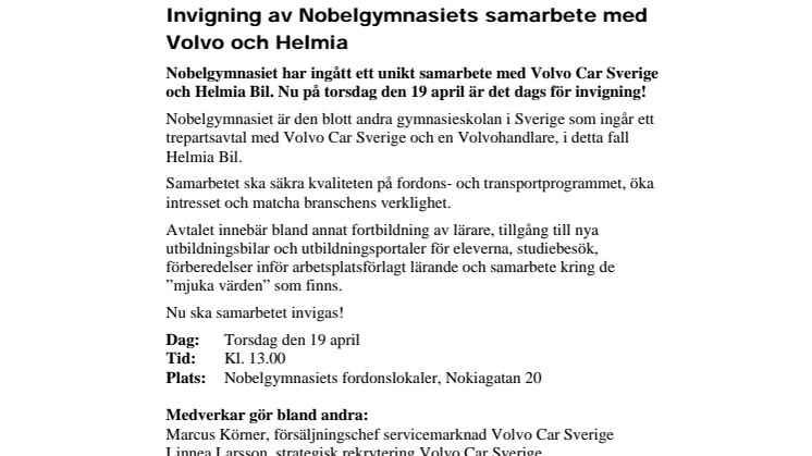 Pressinbjudan: Invigning av Nobelgymnasiets samarbete med Volvo och Helmia