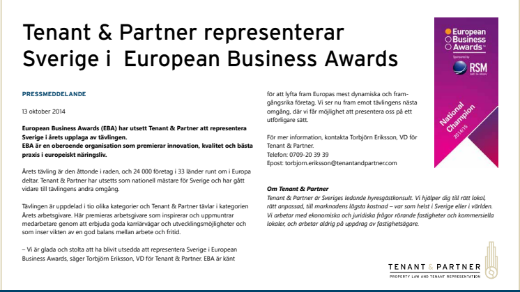 Tenant & Partner representerar Sverige i European Business Awards
