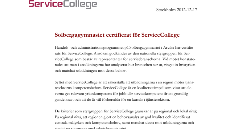Certifiering av ServiceCollege
