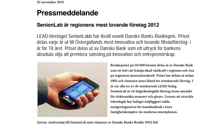 SenionLab är Östergötlands mest lovande företag 2012