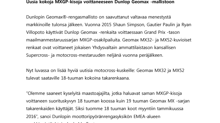 Uusia kokoja MXGP-kisoja voittaneeseen Dunlop Geomax -mallistoon